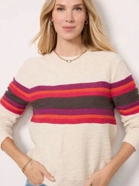 Faherty Cream Sweatshirt with Red, Orange & Purple Stripes